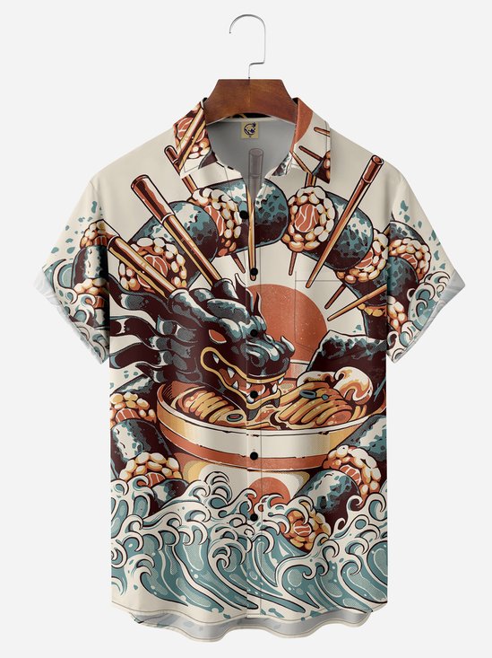 Ukiyo-e Dragon Chest Pocket Short Sleeve Casual Shirt