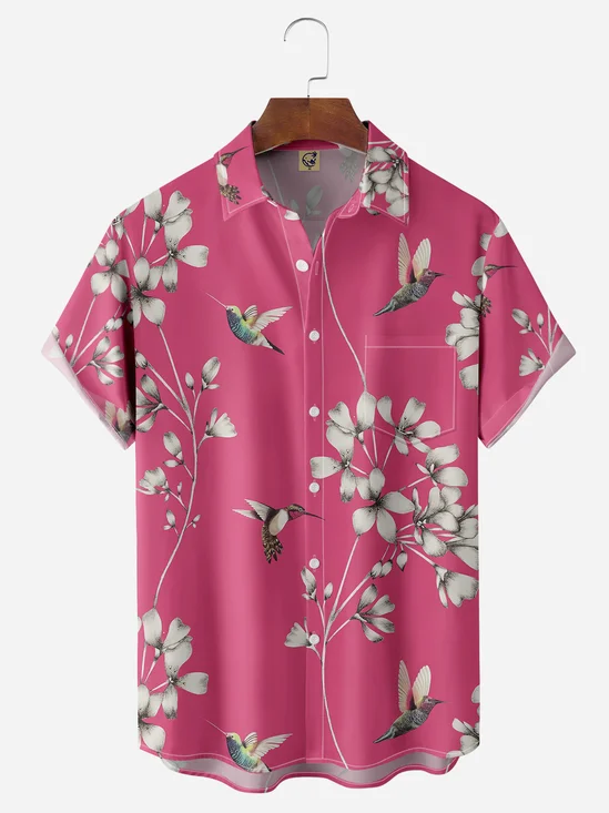 Hummingbird Floral Chest Pocket Short Sleeve Hawaiian Shirt