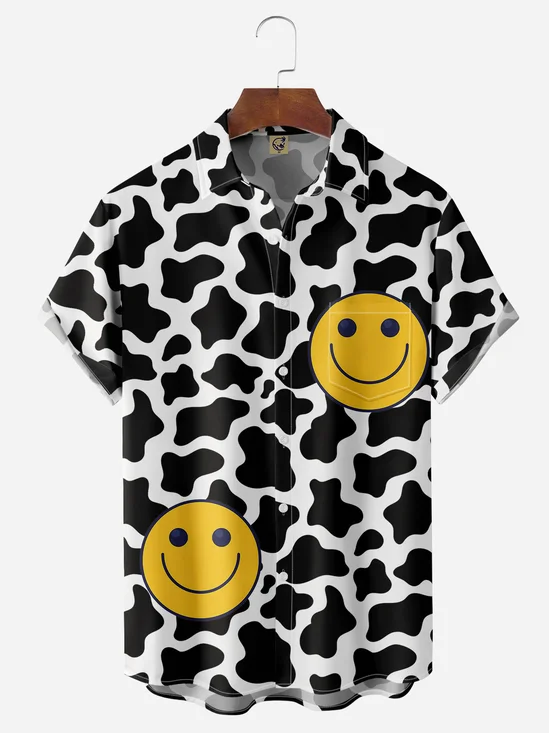 Smiling Face Cow Pattern Chest Pocket Short Sleeve Casual Shirt