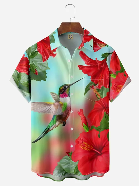 Bird Chest Pocket Short Sleeve Hawaiian Shirt