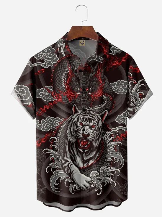 Ukiyoe Tiger and Dragon Chest Pocket Short Sleeve Casual Shirt