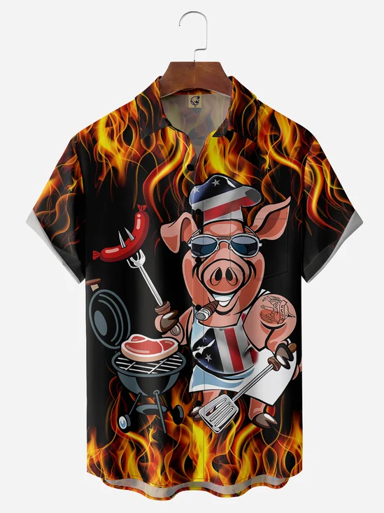 BBQ Pig Flame Chest Pocket Short Sleeve Casual Shirt
