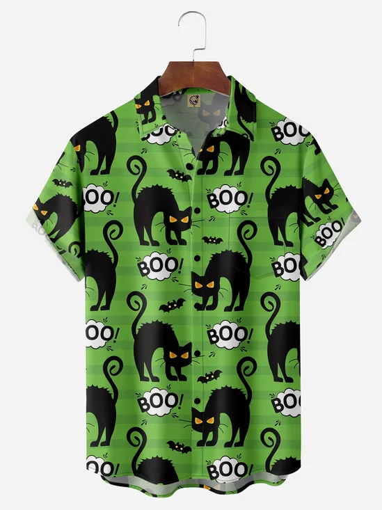 Halloween Cat Chest Pocket Short Sleeve Casual Shirts