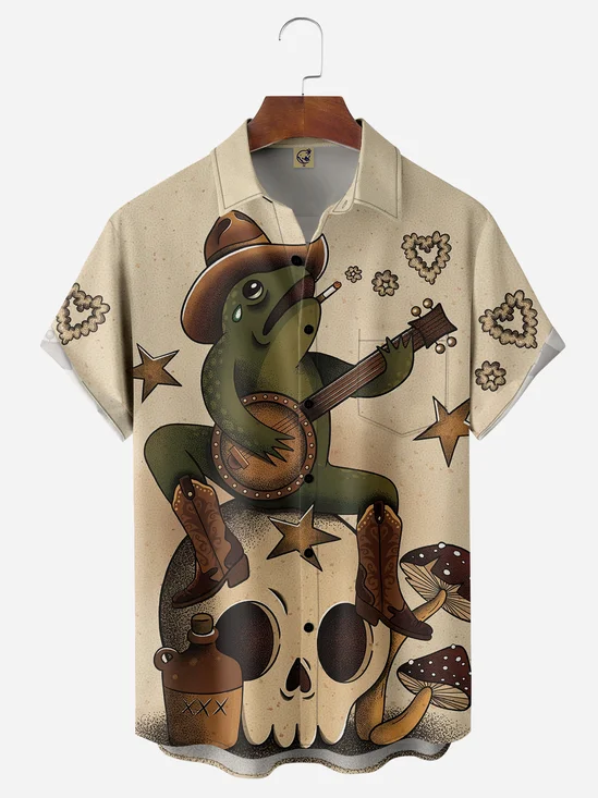 Halloween Frog Playing Guitar Chest Pocket Short Sleeve Casual Shirt