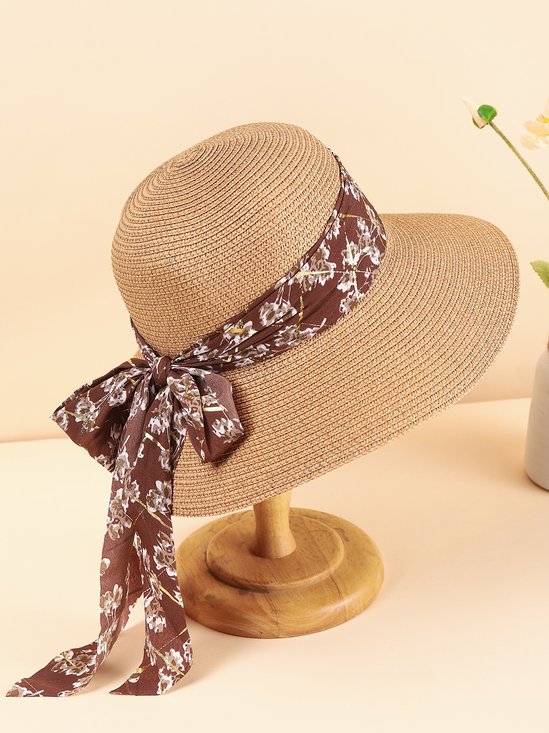 Hardaddy Vacation Floral Ribbon Decorated Straw Hat Bohemia Beach Women's Sunscreen Accessories