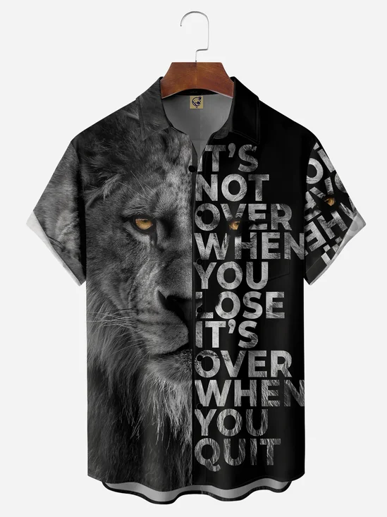 Never Give Up Lion Chest Pocket Short Sleeve Casual Shirt