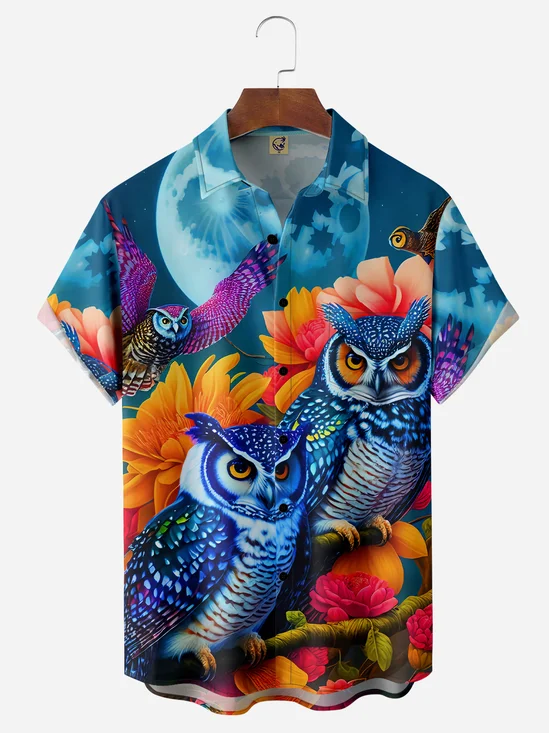 Owl Chest Pocket Short Sleeve Hawaiian Shirt