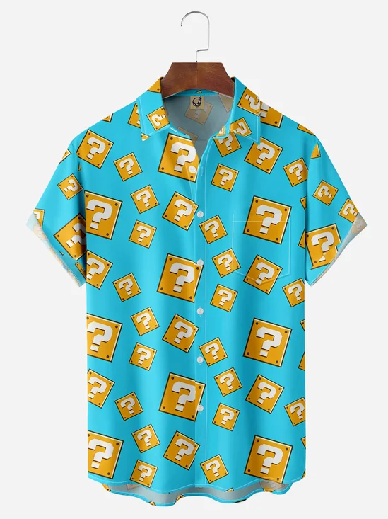 Fun Geometric Question Mark Chest Pocket Short Sleeve Casual Shirt