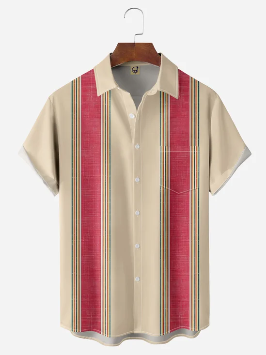 Textured Stripe Chest Pocket Short Sleeve Bowling Shirt