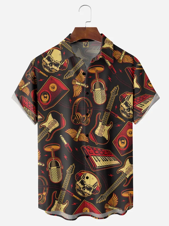 Guitar and Skull Chest Pocket Short Sleeve Casual Shirt
