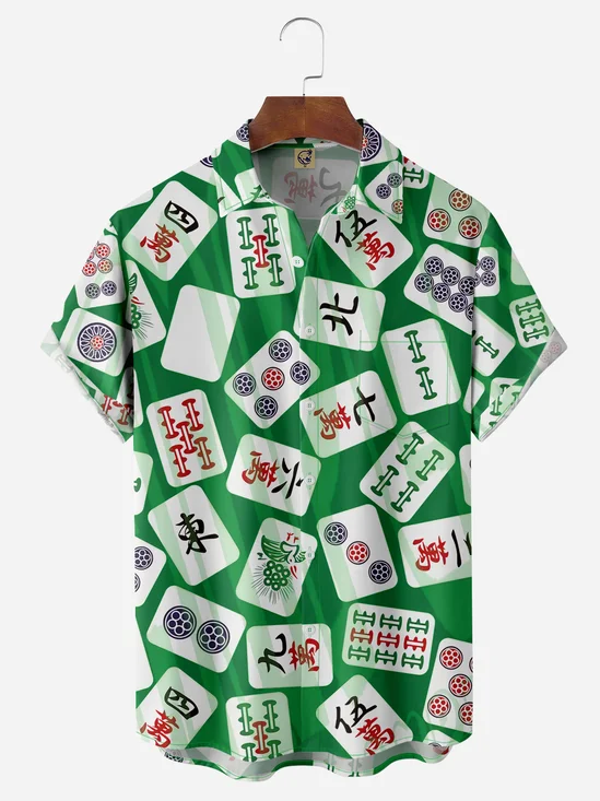 Mahjong Chest Pocket Short Sleeve Casual Shirt