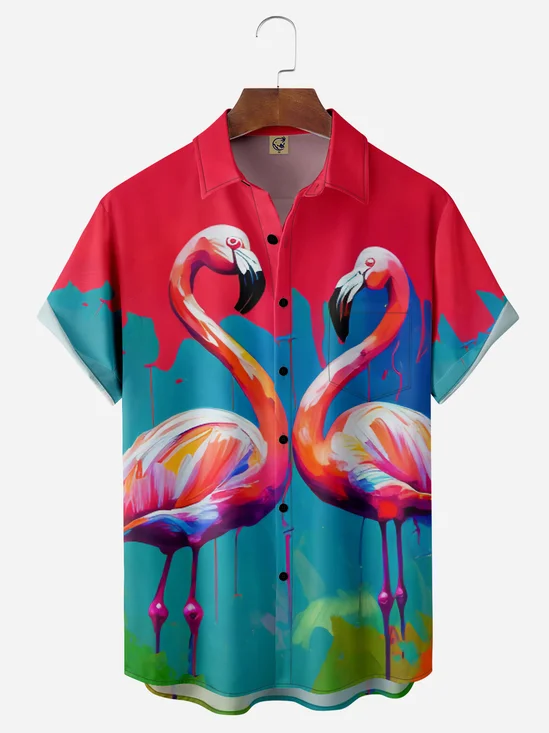 Flamingo Chest Pocket Short Sleeves Hawaiian Shirts