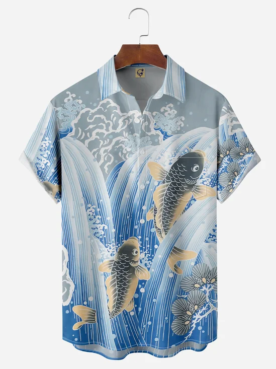 Ukiyo-e Koi Chest Pocket Short Sleeve Casual Shirt
