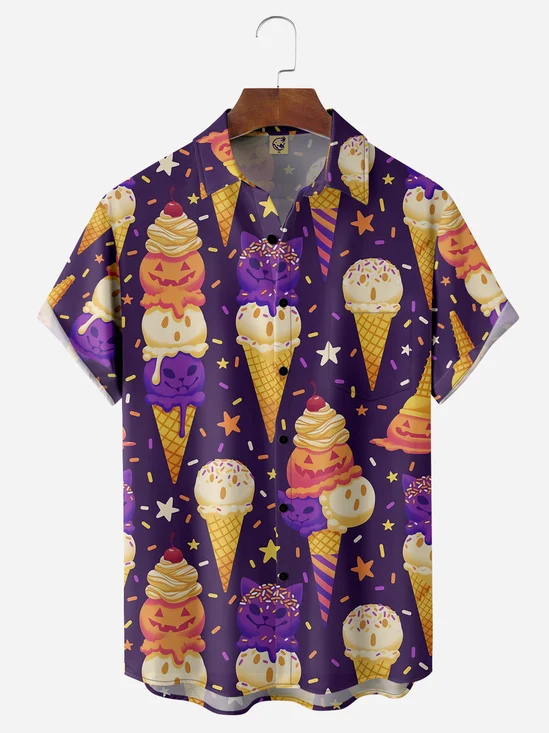 Spooky Ice Cream Chest Pocket Short Sleeve Casual Shirt