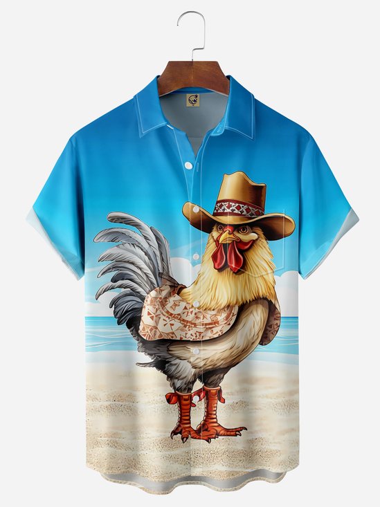 Cowboy Rooster Chest Pocket Short Sleeve Casual Shirt