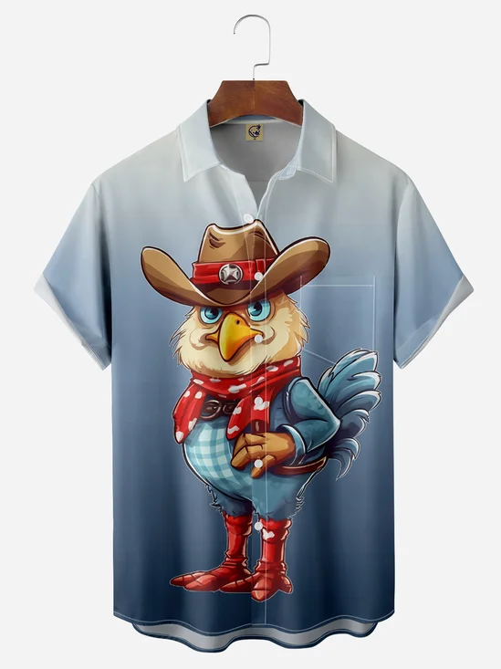 Cowboy Rooster Chest Pocket Short Sleeve Casual Shirt