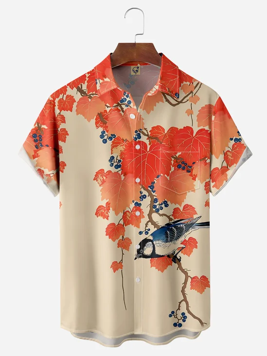 Ukiyo e Bird Red Ivy Chest Pocket Short Sleeve Hawaiian Shirt