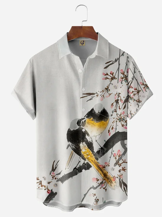 Cherry Blossoms Bird Chest Pocket Short Sleeve Shirt