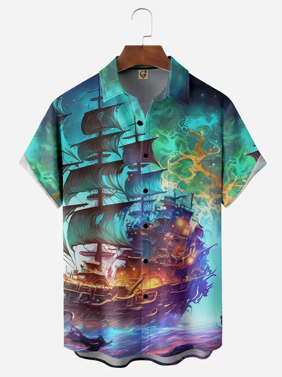 Halloween Ghost Ship Chest Pocket Short Sleeve Hawaiian Shirt
