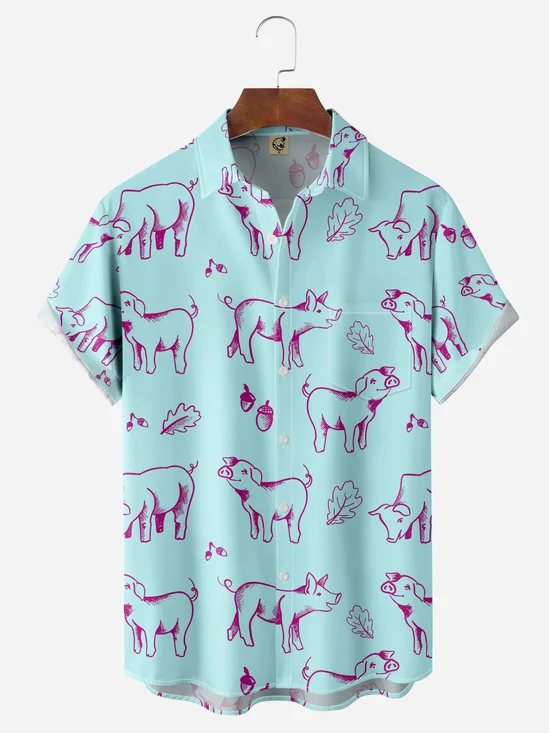Animal Pig Chest Pocket Short Sleeve Casual Shirt