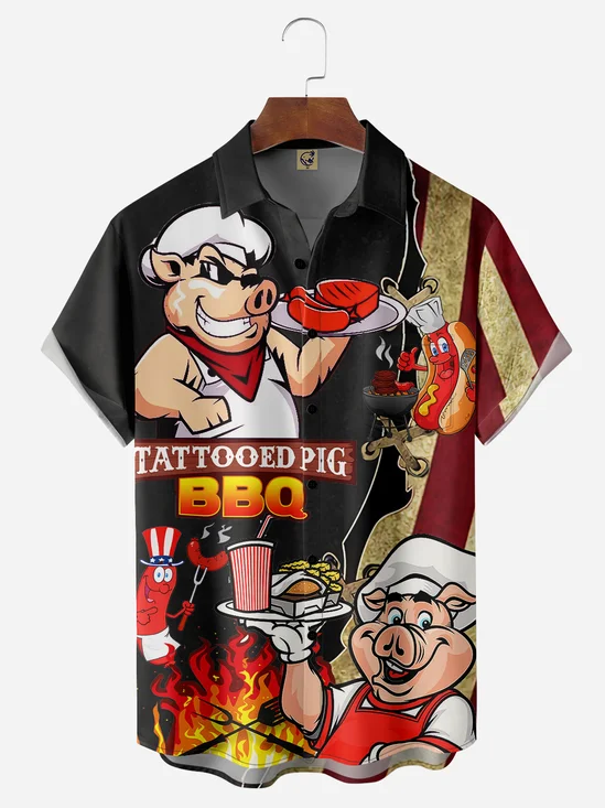 BBQ Pig Chest Pocket Short Sleeve Casual Shirt