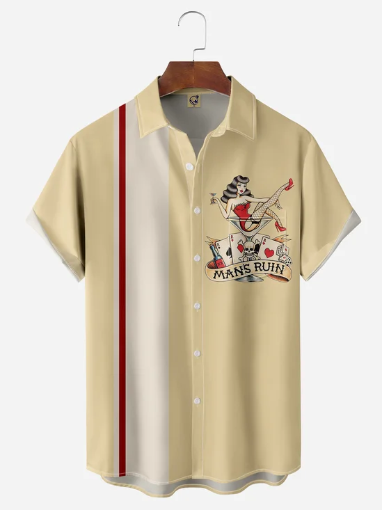 Beauty Cocktail Chest Pocket Short Sleeve Bowling Shirt