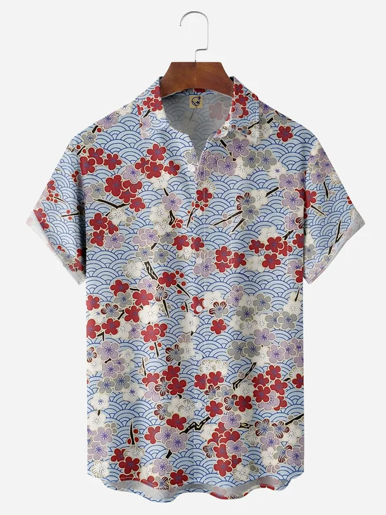 Ukiyo-e Cherry Blossom Chest Pocket Short Sleeve Casual Shirt