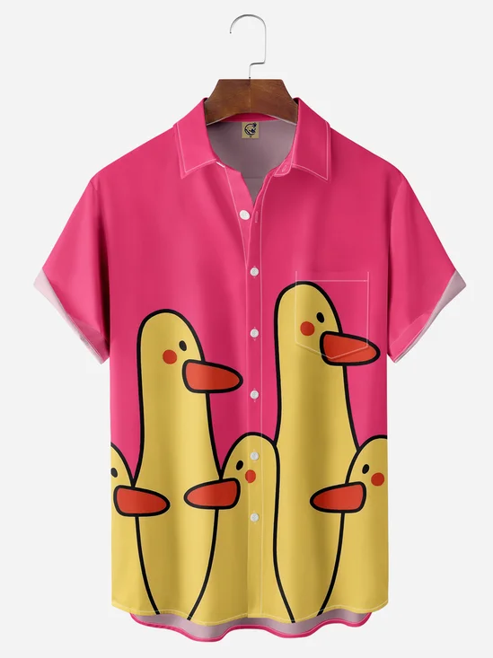 Cartoon Duck Chest Pocket Short Sleeve Casual Shirt