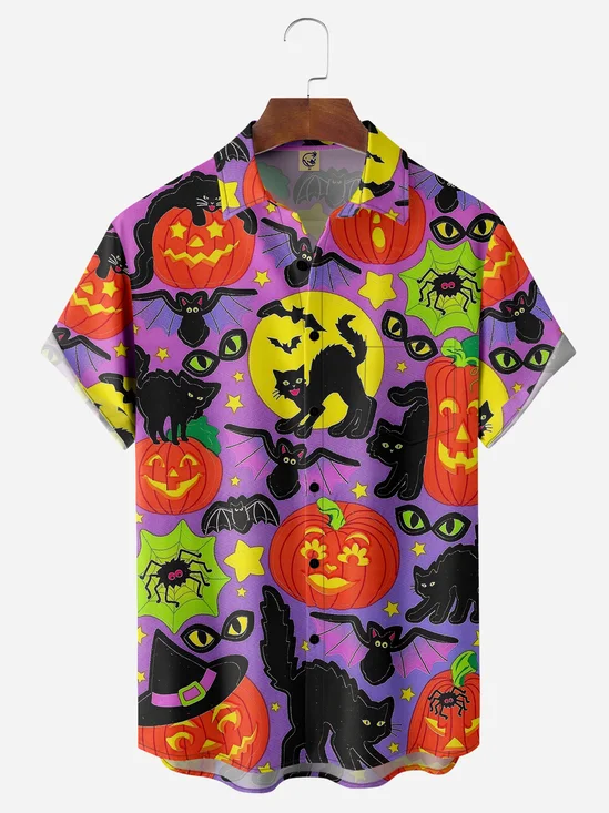 Halloween Black Cat Chest Pocket Short Sleeve Casual Shirt