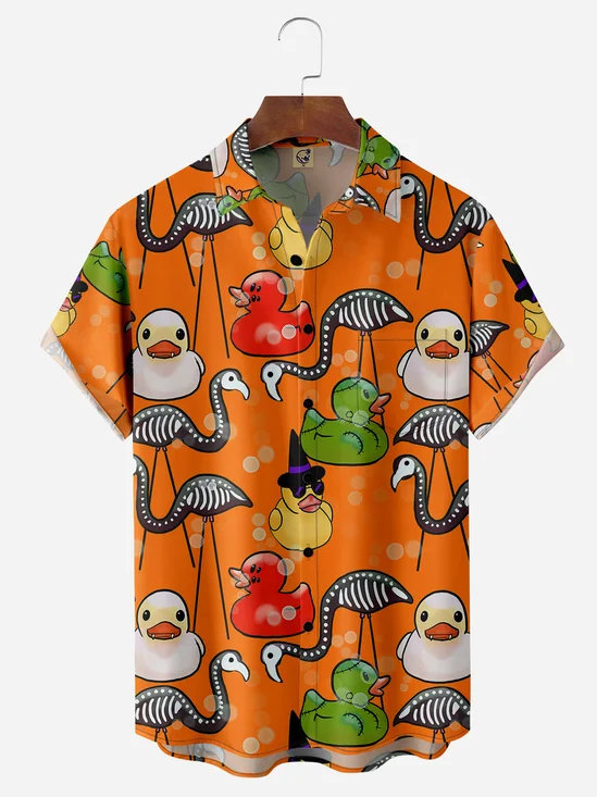 Halloween Ducks Chest Pocket Short Sleeve Casual Shirt