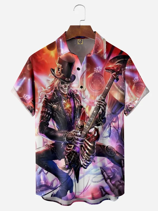 Skeleton Guitar Chest Pocket Short Sleeve Hawaiian Shirt
