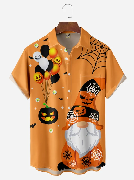 Halloween Gnome Chest Pocket Short Sleeve Casual Shirt