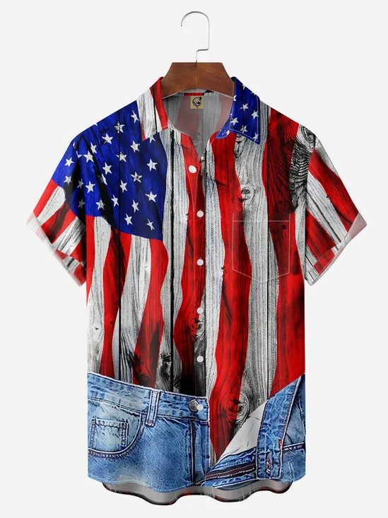 American Flag Jeans-Pattern On Waist Chest Pocket Short Sleeve Shirt