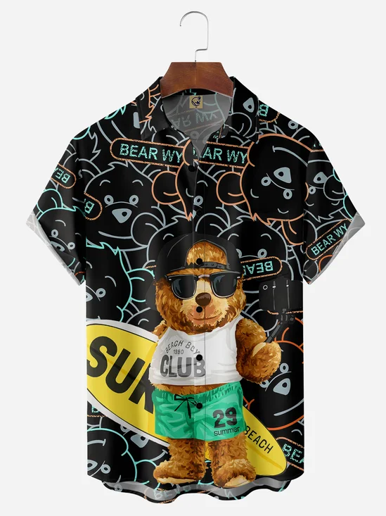 Selfie Surfing Cartoon Bear Chest Pocket Short Sleeve Hawaiian Shirt