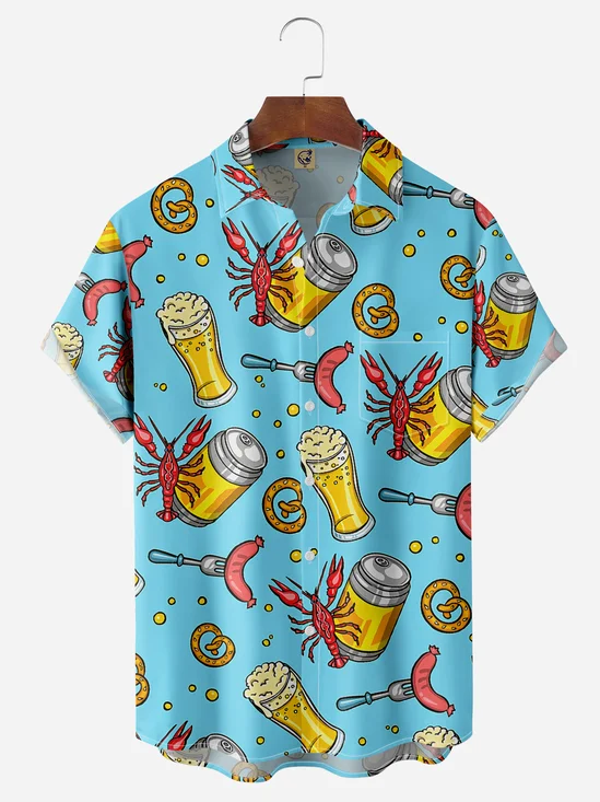 Beer and Crawfish Chest Pocket Short Sleeve Casual Shirt