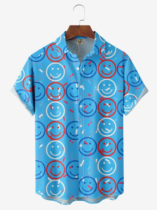 Smiling Face Chest Pocket Short Sleeve Casual Shirt
