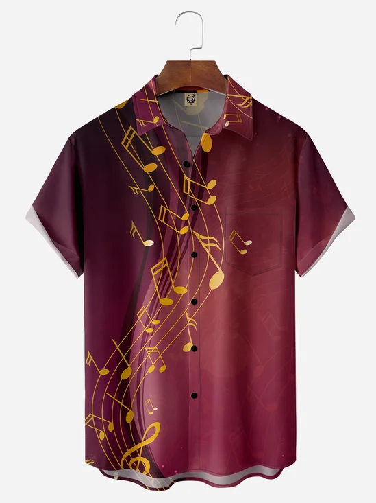 Music Notes Chest Pocket Short Sleeve Casual Shirt