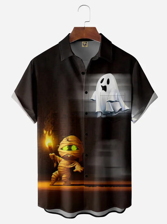 Halloween Spooky Mummy Chest Pocket Short Sleeve Shirt