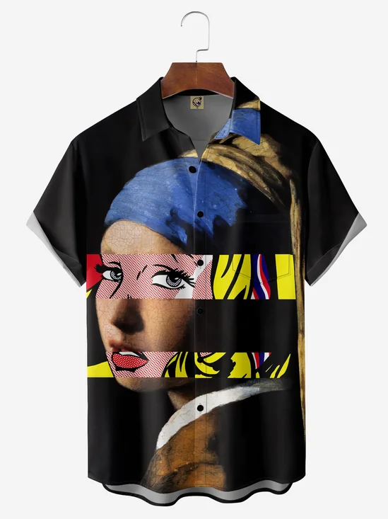Girl with a Pearl Earring Comic Chest Pocket Short Sleeve Casual Shirt