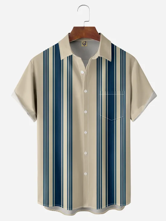 Striped Chest Pocket Short Sleeve Bowling Shirt