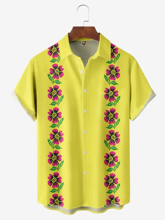 Floral Chest Pocket Short Sleeve Bowling Shirt