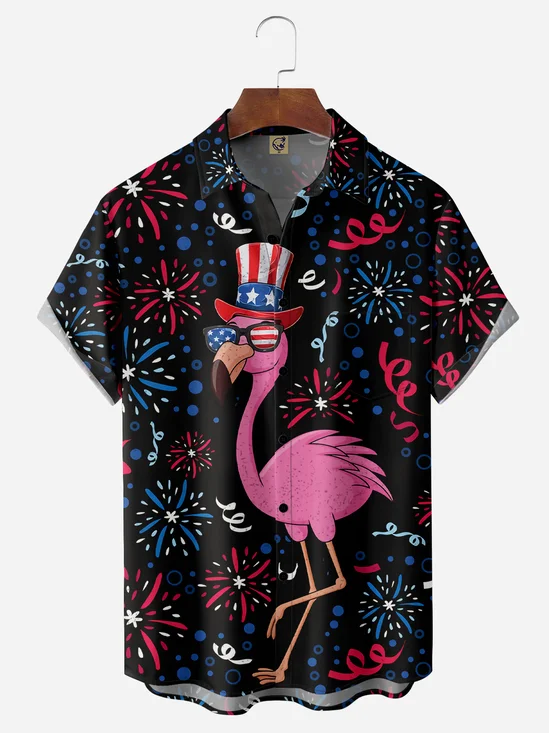 Flamingo Chest Pocket Short Sleeve Hawaiian Shirt