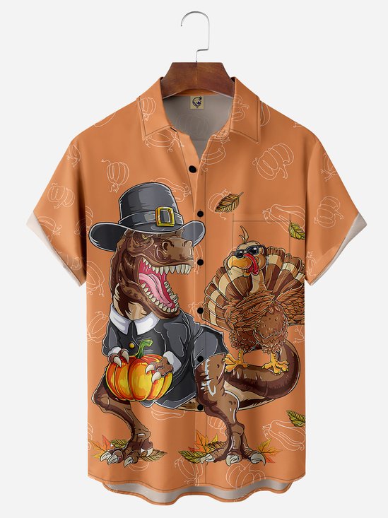 Hardaddy Thanksgiving Dinosaur Turkey Chest Pocket Short Sleeve Shirt