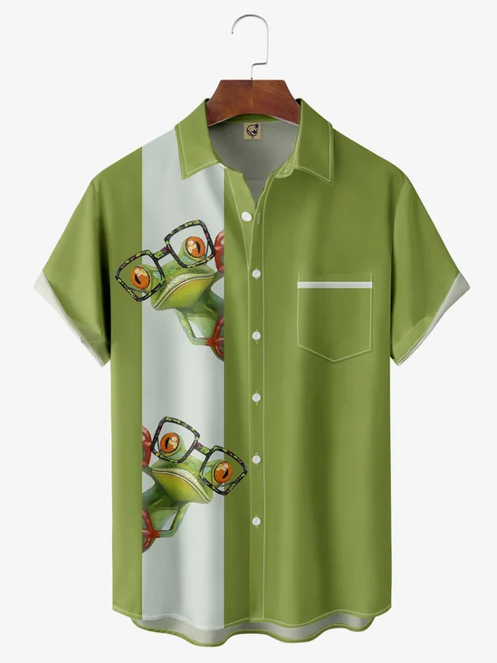 Hardaddy Animal Frog Chest Pocket Short Sleeve Bowling Shirt