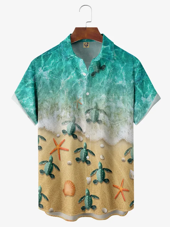 Sea Turtle Chest Pocket Short Sleeve Hawaiian Shirt