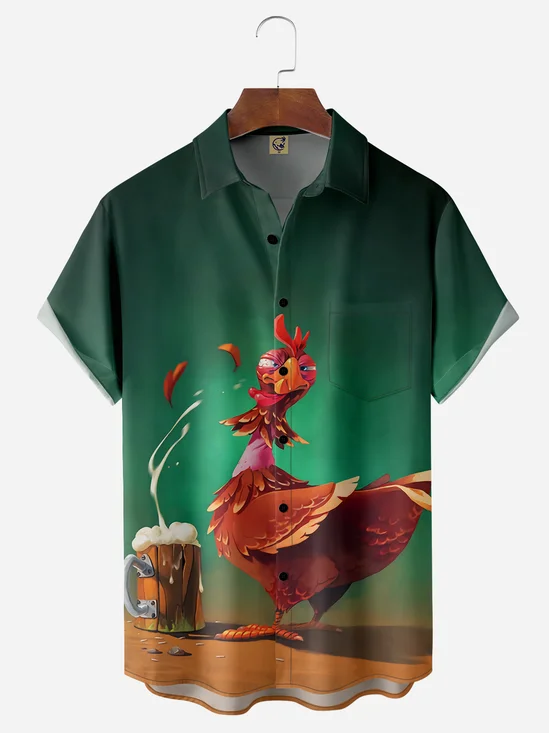 Beer Chicken Chest Pocket Short Sleeve Hawaiian Shirt