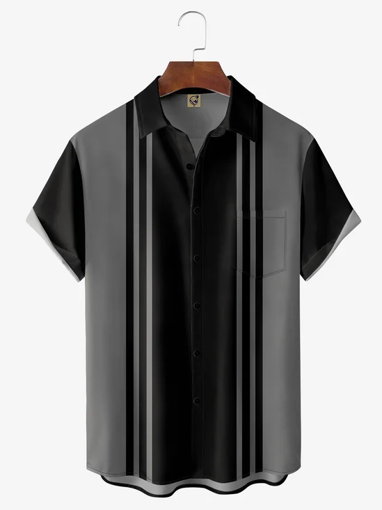 Striped Chest Pocket Short Sleeve Bowling Shirt