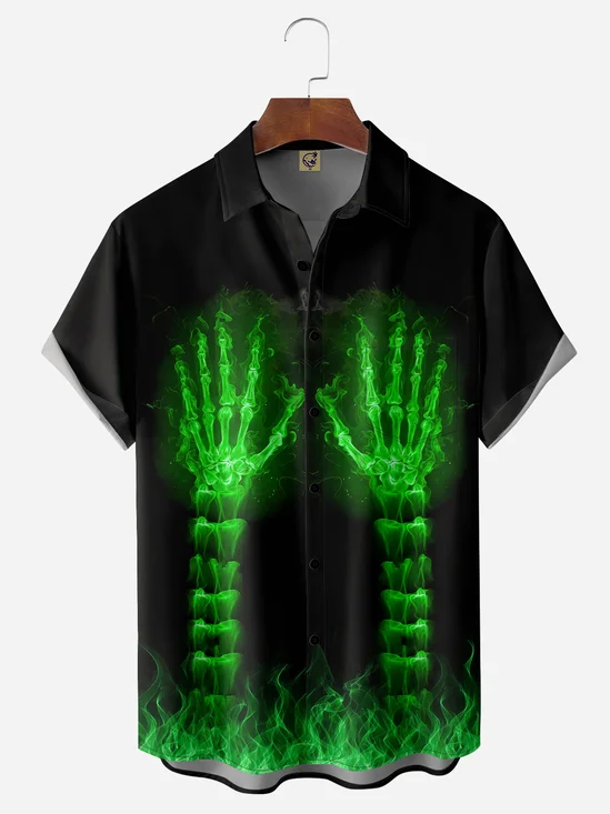 Flame Skeleton Palms Chest Pocket Short Sleeve Hawaiian Shirt