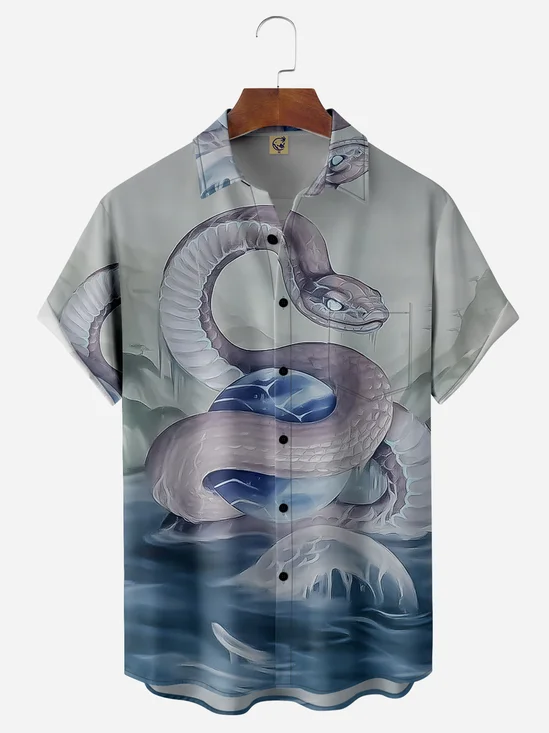 Snake Pattern Chest Pocket Short Sleeve Hawaiian Shirt