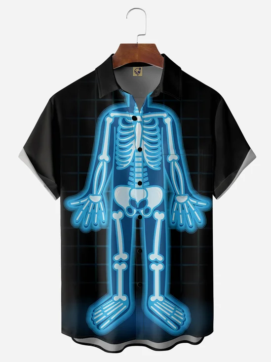 Halloween Cartoon X-Ray Skeleton Chest Pocket Short Sleeve Hawaiian Shirt